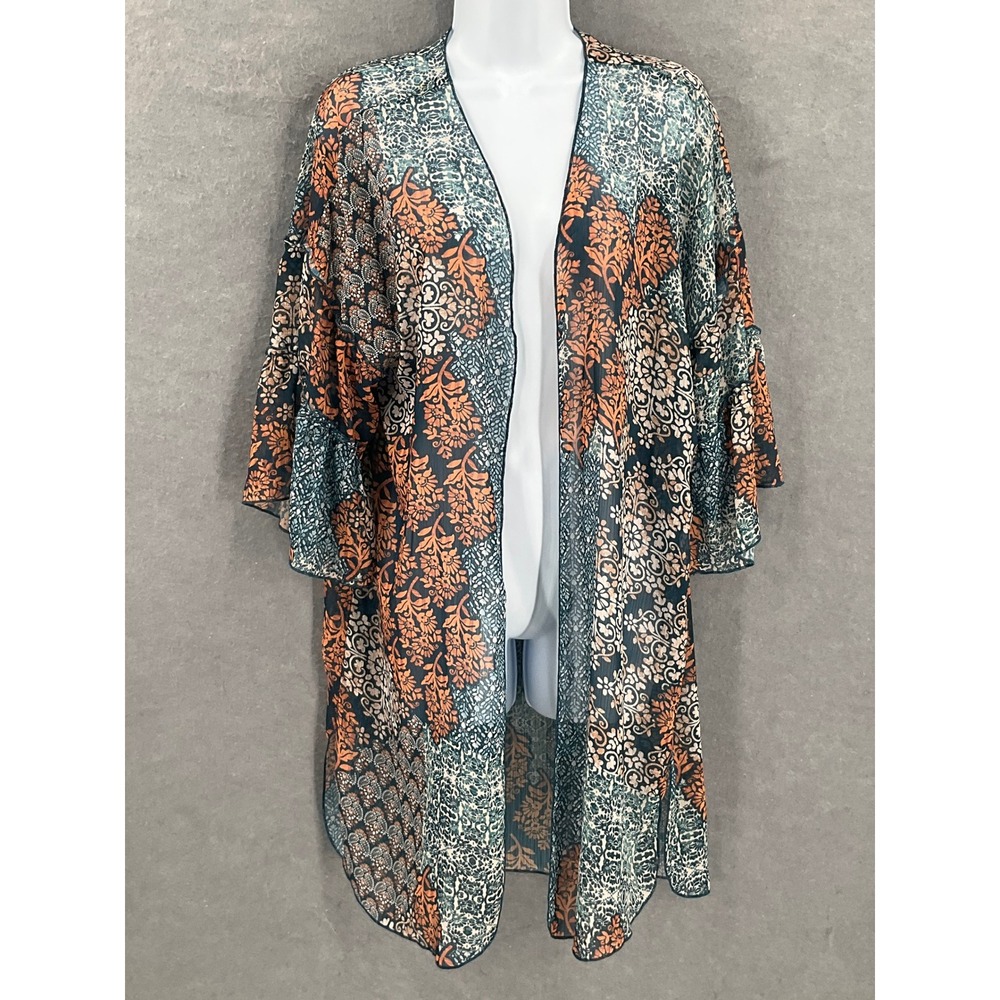 Democracy Kimono Sz S/M‎ Patchwork Floral Print Cardigan Open Front Bell Sleeve